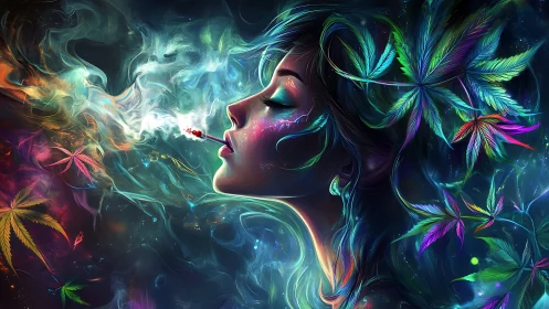 Psychedelic profile portrait with luminescent smoke vectors.