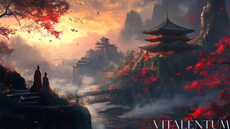 Autumn temples glow above misty river in fantasy valley.
