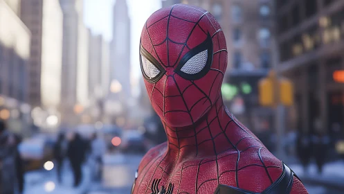 Spider-Man suit close-up stands in sharp urban daylight