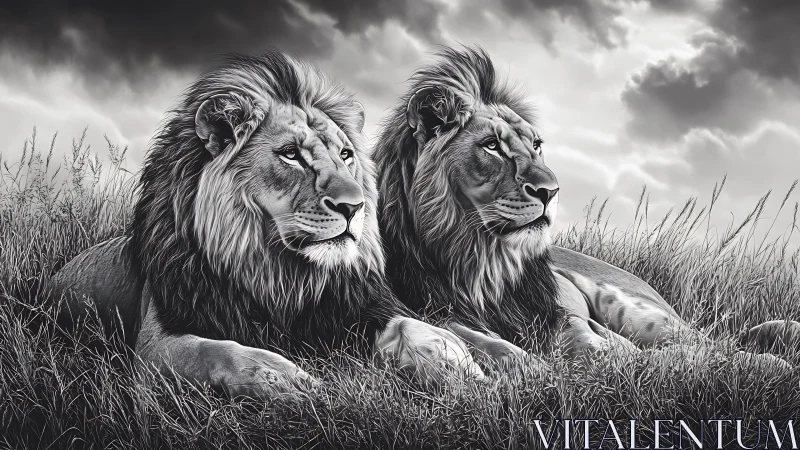 Two Lions Resting in African Savanna Grassland.