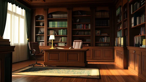 Elegant wood-paneled home office glows in afternoon light.