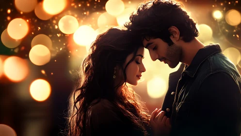 Romantic Couple Silhouetted Against Warm Golden Bokeh.