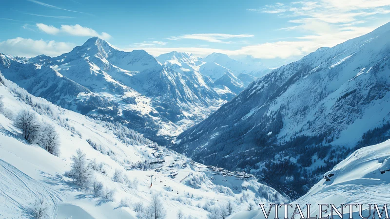 Snow-covered alpine valley with distant mountain peaks.