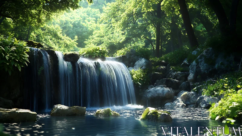 Soft forest waterfall hums where sunlight braids through leaves