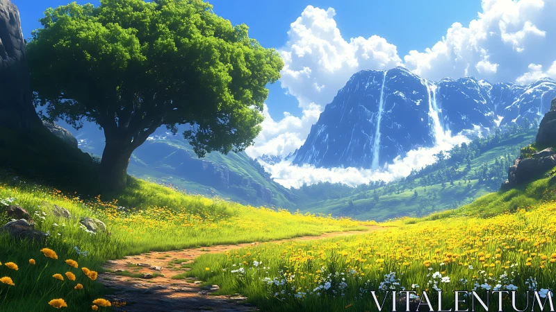 Sunlit wildflower valley beneath cascading crystal peaks.