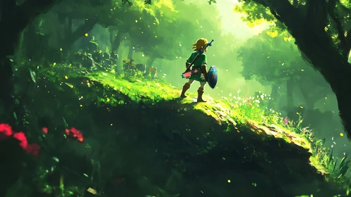 Young adventurer pauses in a glowing, enchanted forest path