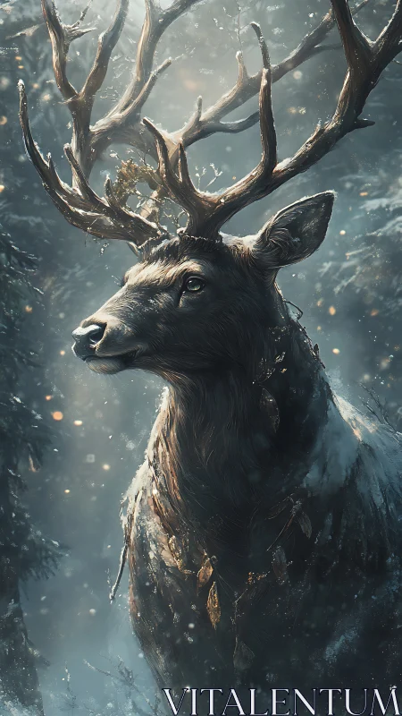 Majestic stag stands crowned by winter forest light.