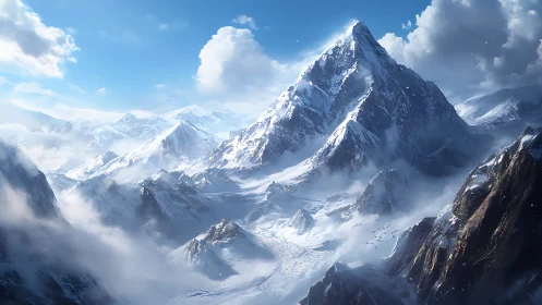 Quiet blue summit wrapped in drifting winter light.