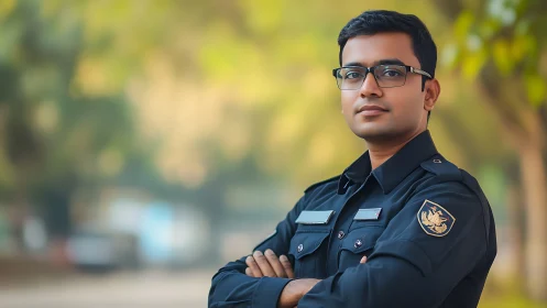 Confident young security officer stands poised in soft daylight
