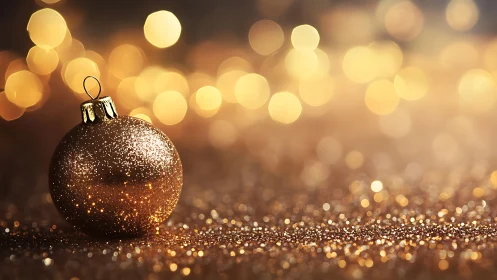Golden holiday bauble glowing in soft festive sparkle.