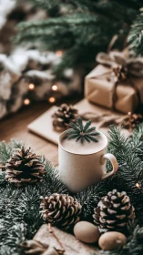 Cozy holiday mug rests among pinecones, gifts, and greenery