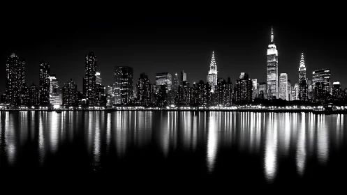 Monochrome skyline with luminous towers mirrored on water.