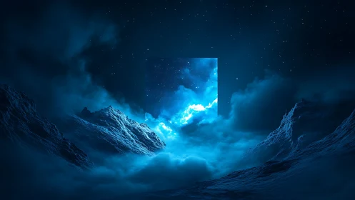 Celestial portal glows above misty blue mountain valley.