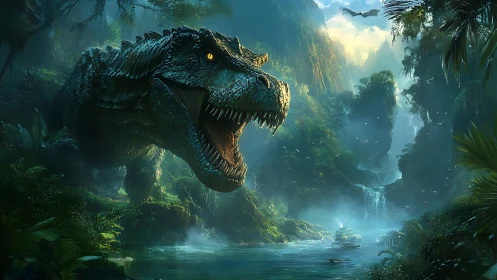 Jungle titan roars above misty river of doomed explorers.