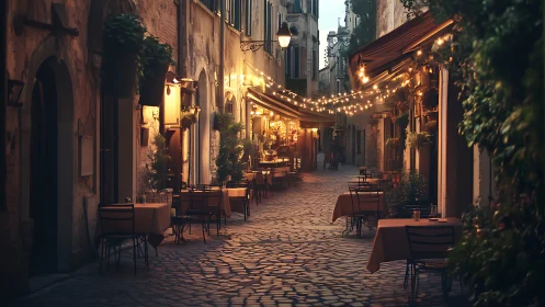 Romantic cobblestone alley glows with warm café evening lights
