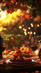 Photorealistic garden table vignette with wine and harvest feast.