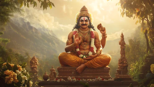 Golden mountain shrine with serene deity in soft sunlight.