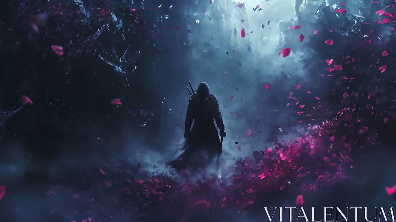 Hooded warrior walking through dark mist and petals.