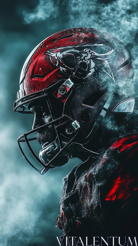 Cinematic profile of armored football player in vapor haze.
