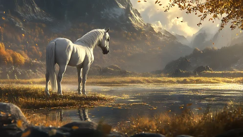 Digital painting of white horse by autumnal mountain lake.