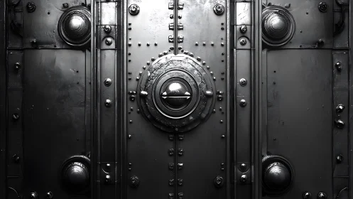 Symmetrical metal vault door with central circular mechanism.