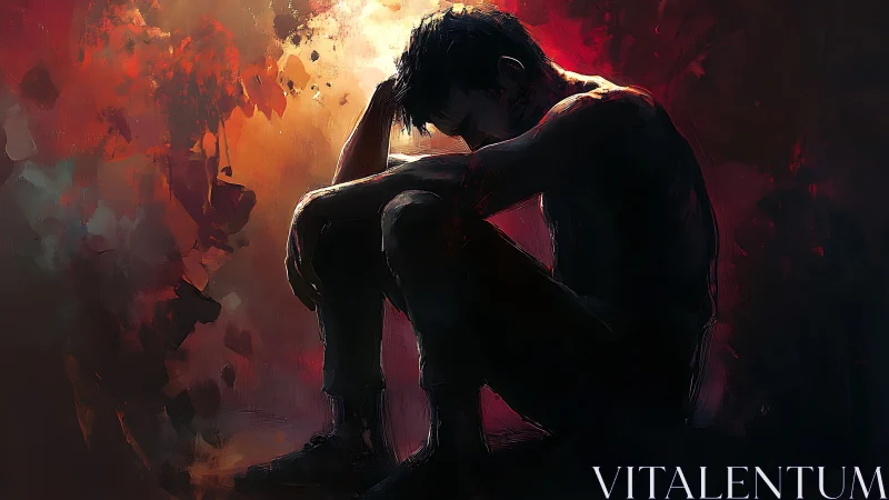 Silhouetted man seated in introspective pose amid red light.