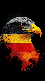 Fire-eyed eagle crowned in splattered German tricolor glory.