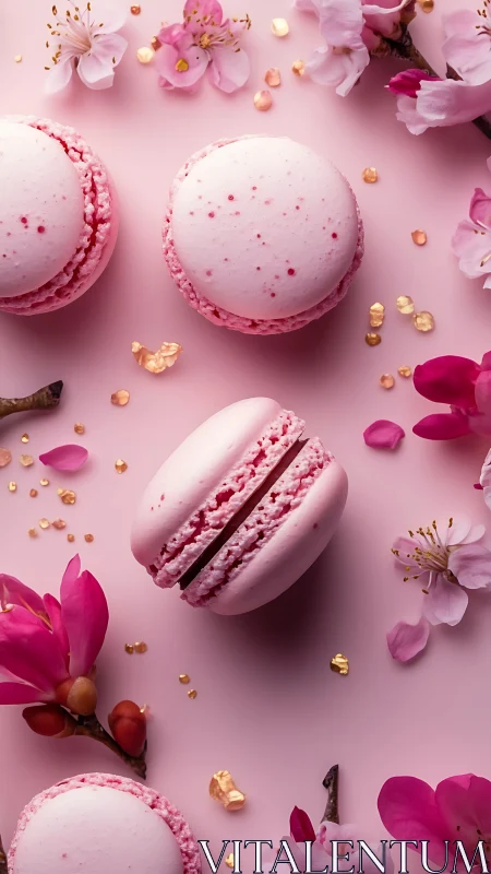 Pink macarons rest among cherry blossoms on pastel pink