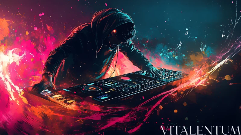 Neon hooded DJ mixing decks in explosive digital spray.