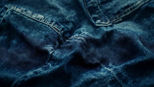 Denim textile macro photograph showing fabric weave and stitch detail