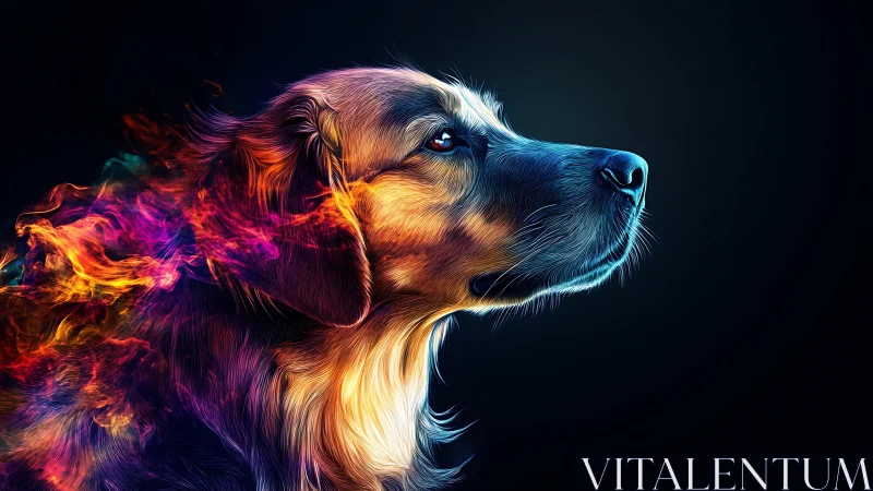 Luminous dog portrait glows with fiery neon streaks of color