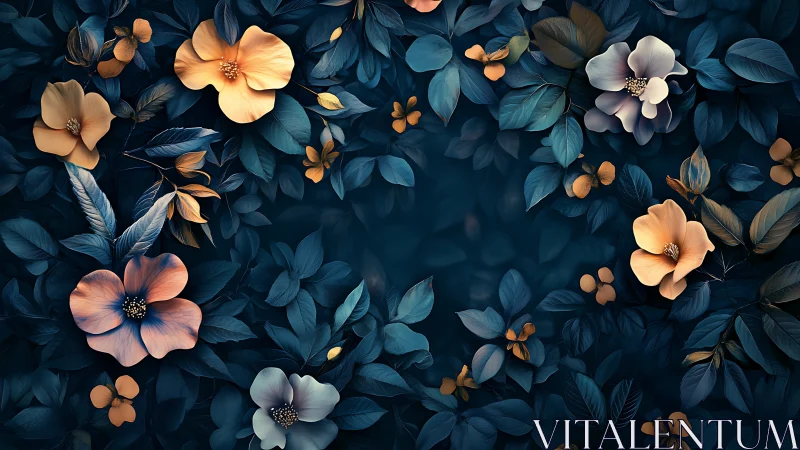Midnight Garden: Floral Composition with Teal Foliage.