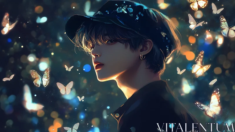 Backlit youth in cap amid luminous butterflies and bokeh field