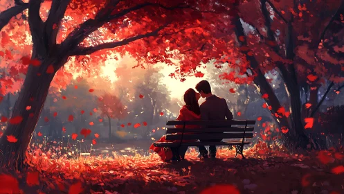 Romantic couple silhouetted on bench beneath luminescent crimson autumn canopy.