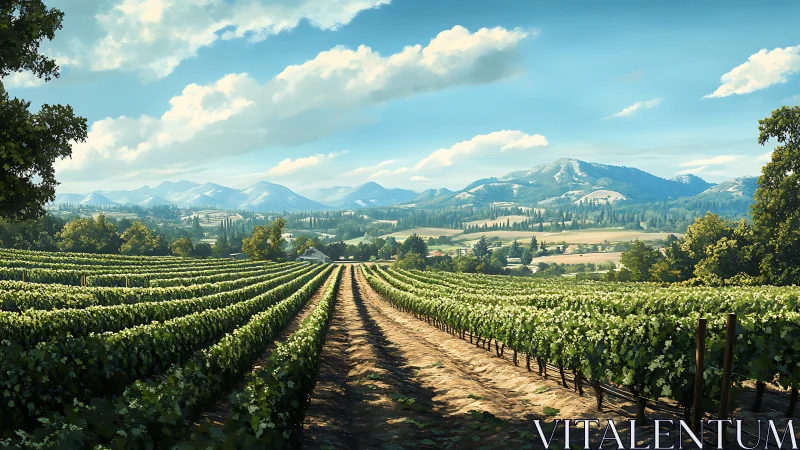 Sunlit vineyard rows recede toward atmospheric blue ridges