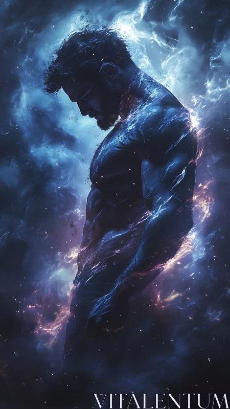 Cosmic male silhouette burns through storming nebula veil.