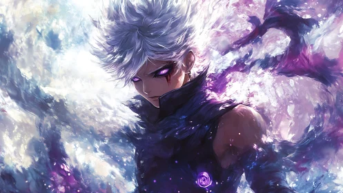 White-haired sorcerer channels violent cosmic energy surge.