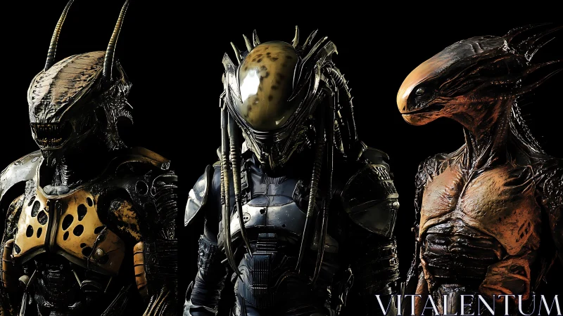 Triad of biomechanical alien hunters in stark portrait lineup.