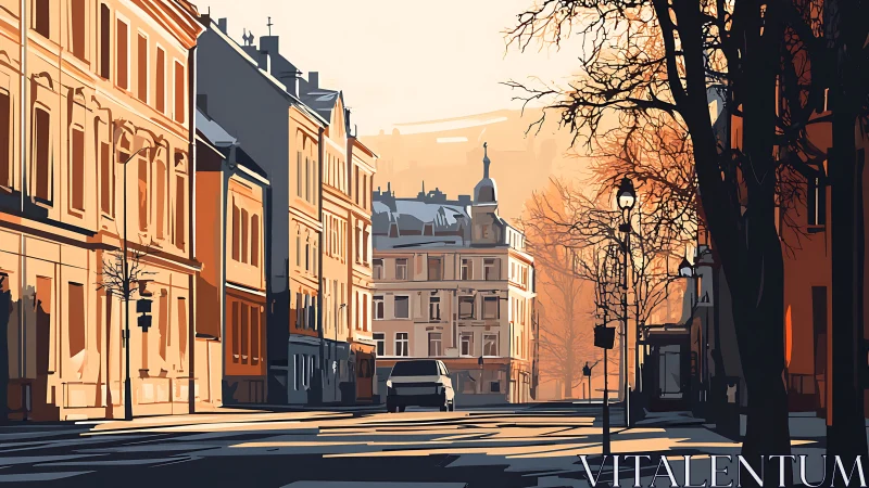 Sunlit European street rendered in minimalist digital vectors