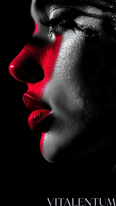 Red-lit profile carves a glossy mask from shadow and light.