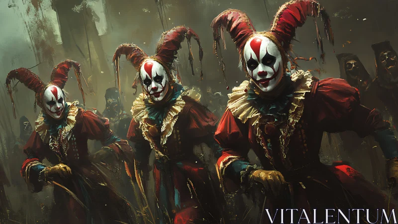 Macabre jester procession with masked clowns in foggy street.