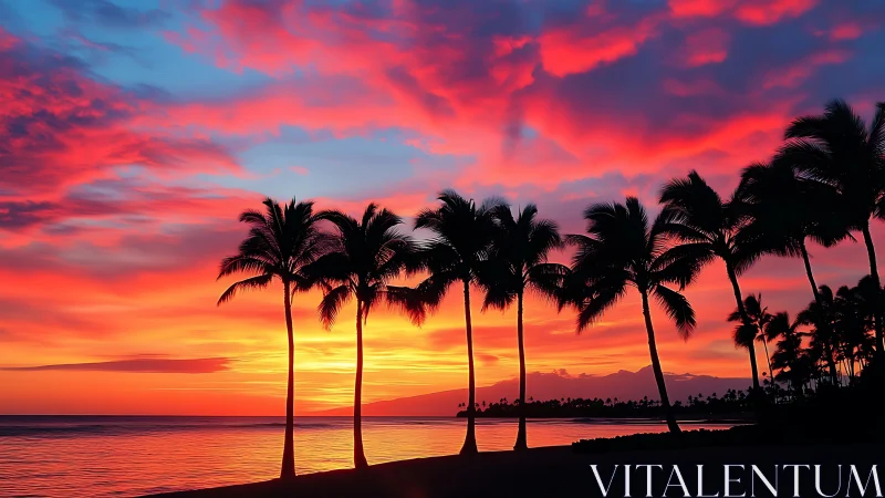 Palm silhouettes under neon tropical sunset sky glow.