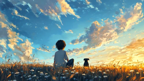 Boy and dog trade quiet secrets with the burning evening sky