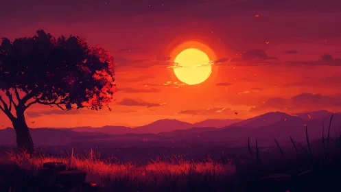 Ember sky sunset melting over quiet hills and lone tree.