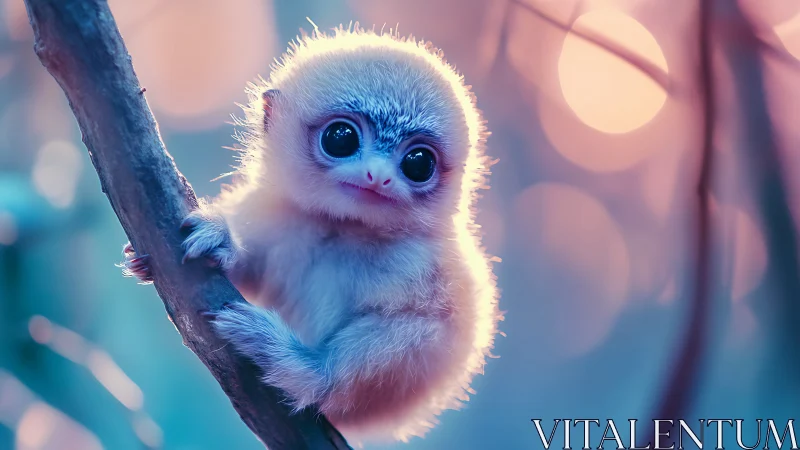 Cute baby monkey clings to branch in colorful forest glow.