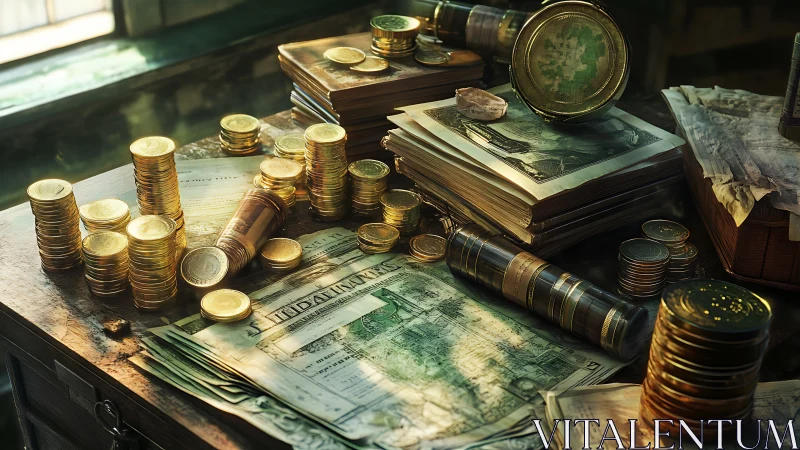 Sunlit coin hoard crowns an antique banker&rsquo;s crowded desk.