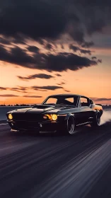 Classic black muscle car on open highway at sunset.