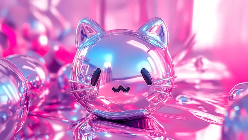 Chromed spherical cat avatar reflects neon pink-blue bokeh field