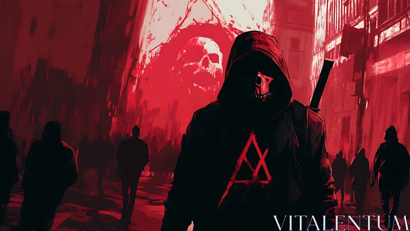 Hooded skull-masked figure in crimson dystopian alleyway.