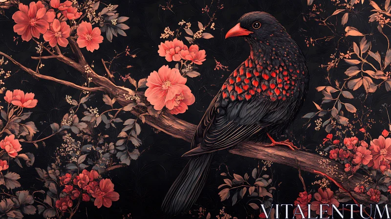 Elegant Black Bird on Floral Branch, Detailed Botanical Art.